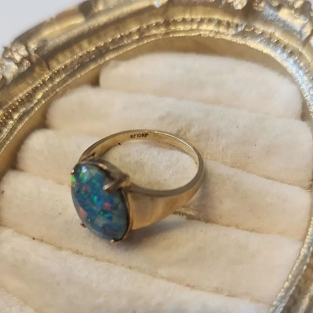 10K Yellow Gold Opal Mosaic And Glass Triplet Cocktail Ring Size 6.75 Signed KF - Picture 3 of 5